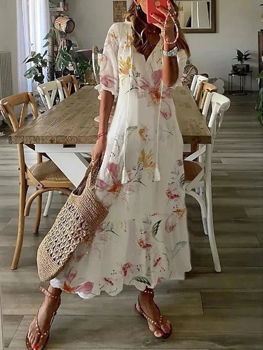Claudia | Damen Freizeit-Maxikleid mit V-Ausschnitt und Blumenmuster