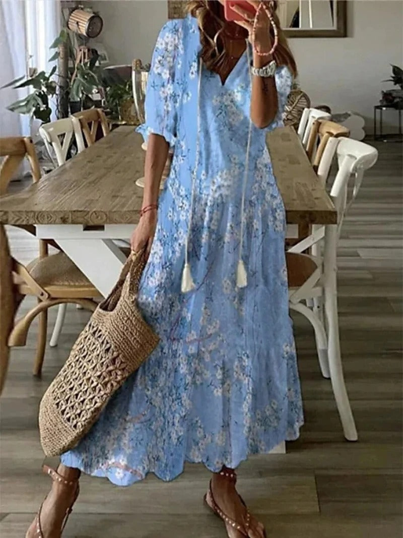 Claudia | Damen Freizeit-Maxikleid mit V-Ausschnitt und Blumenmuster
