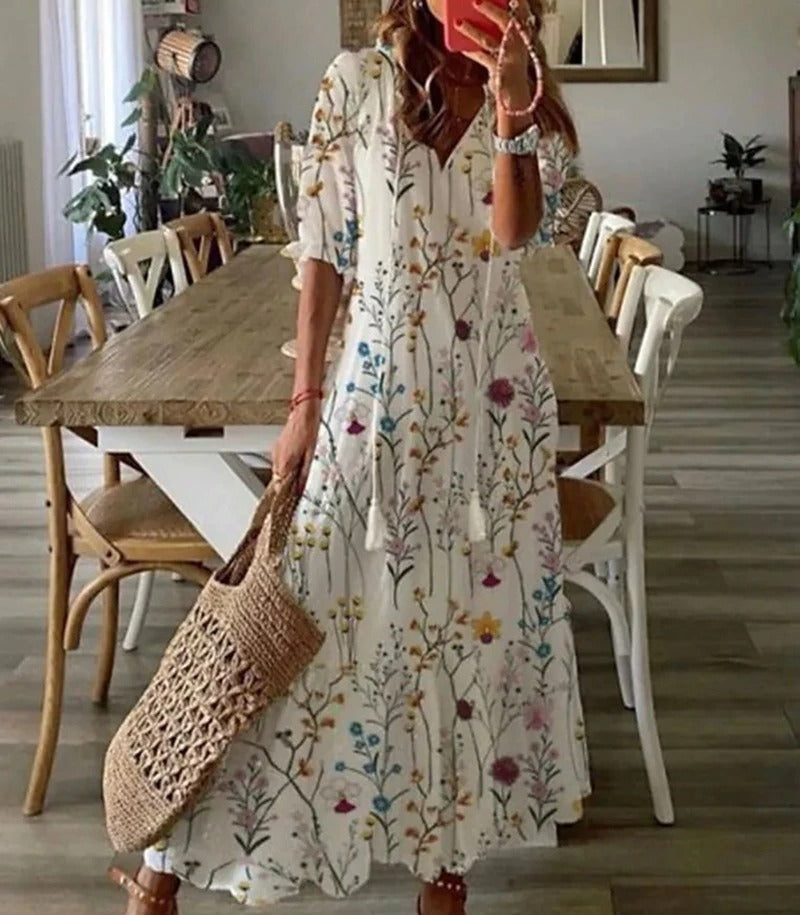 Claudia | Damen Freizeit-Maxikleid mit V-Ausschnitt und Blumenmuster