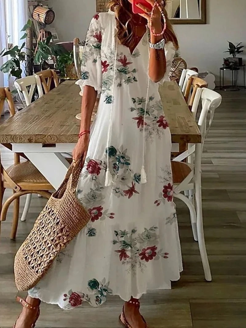 Claudia | Damen Freizeit-Maxikleid mit V-Ausschnitt und Blumenmuster