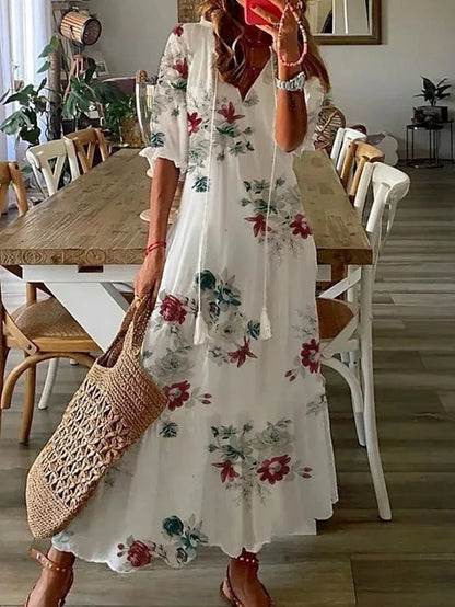 Claudia | Damen Freizeit-Maxikleid mit V-Ausschnitt und Blumenmuster