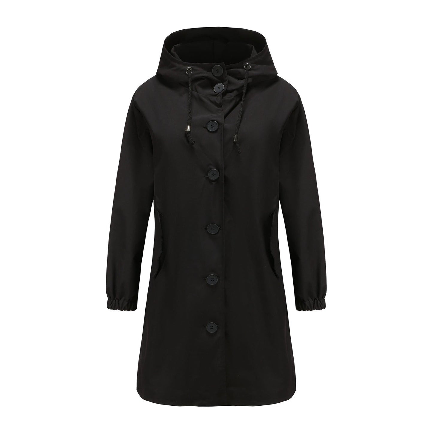 Lilian | Damen Langer Mantel mit Kapuze und Knopfleiste
