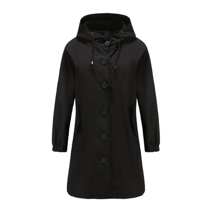 Lilian | Damen Langer Mantel mit Kapuze und Knopfleiste
