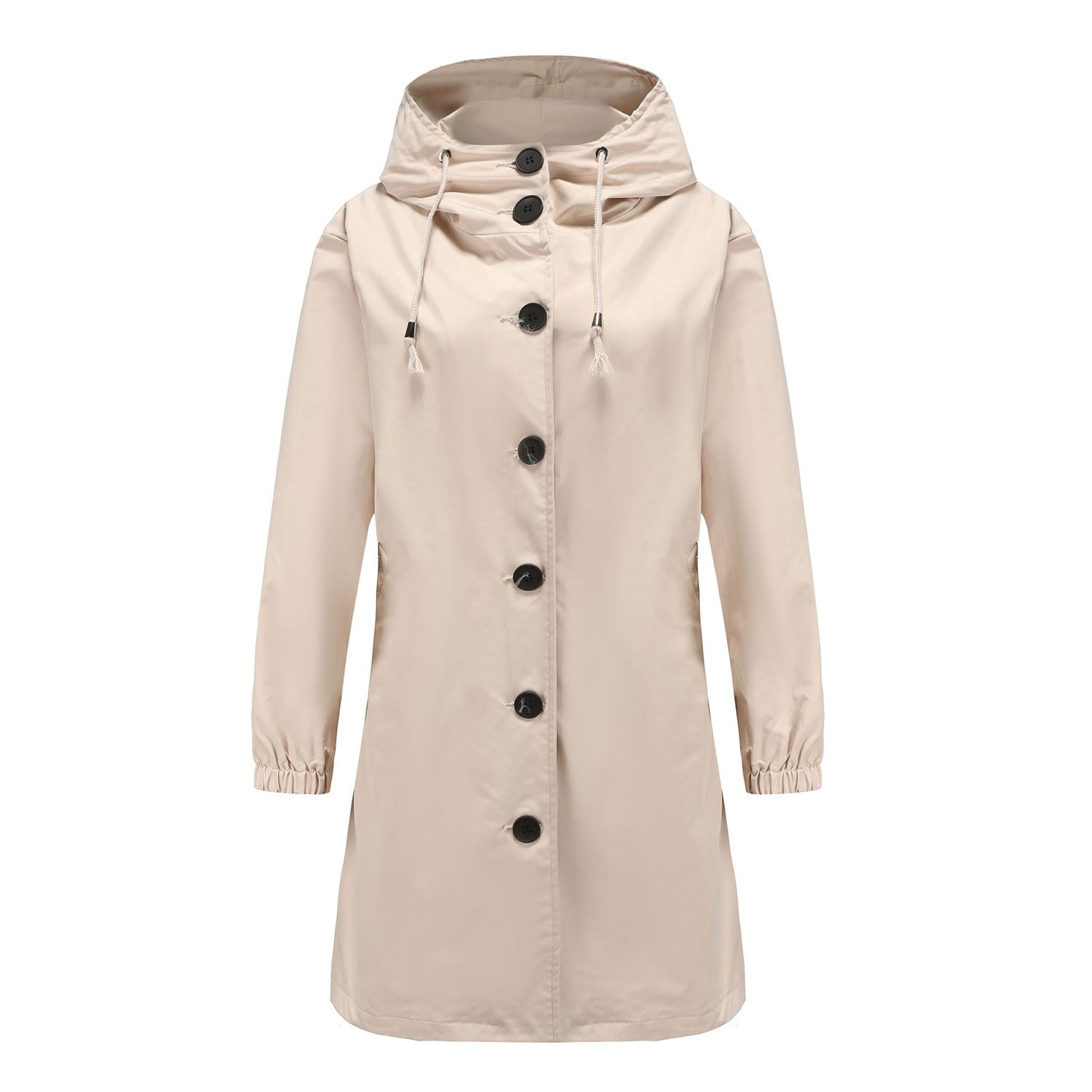 Lilian | Damen Langer Mantel mit Kapuze und Knopfleiste