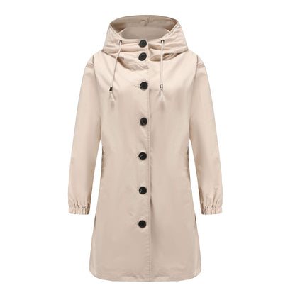 Lilian | Damen Langer Mantel mit Kapuze und Knopfleiste