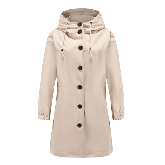 Lilian | Damen Langer Mantel mit Kapuze und Knopfleiste