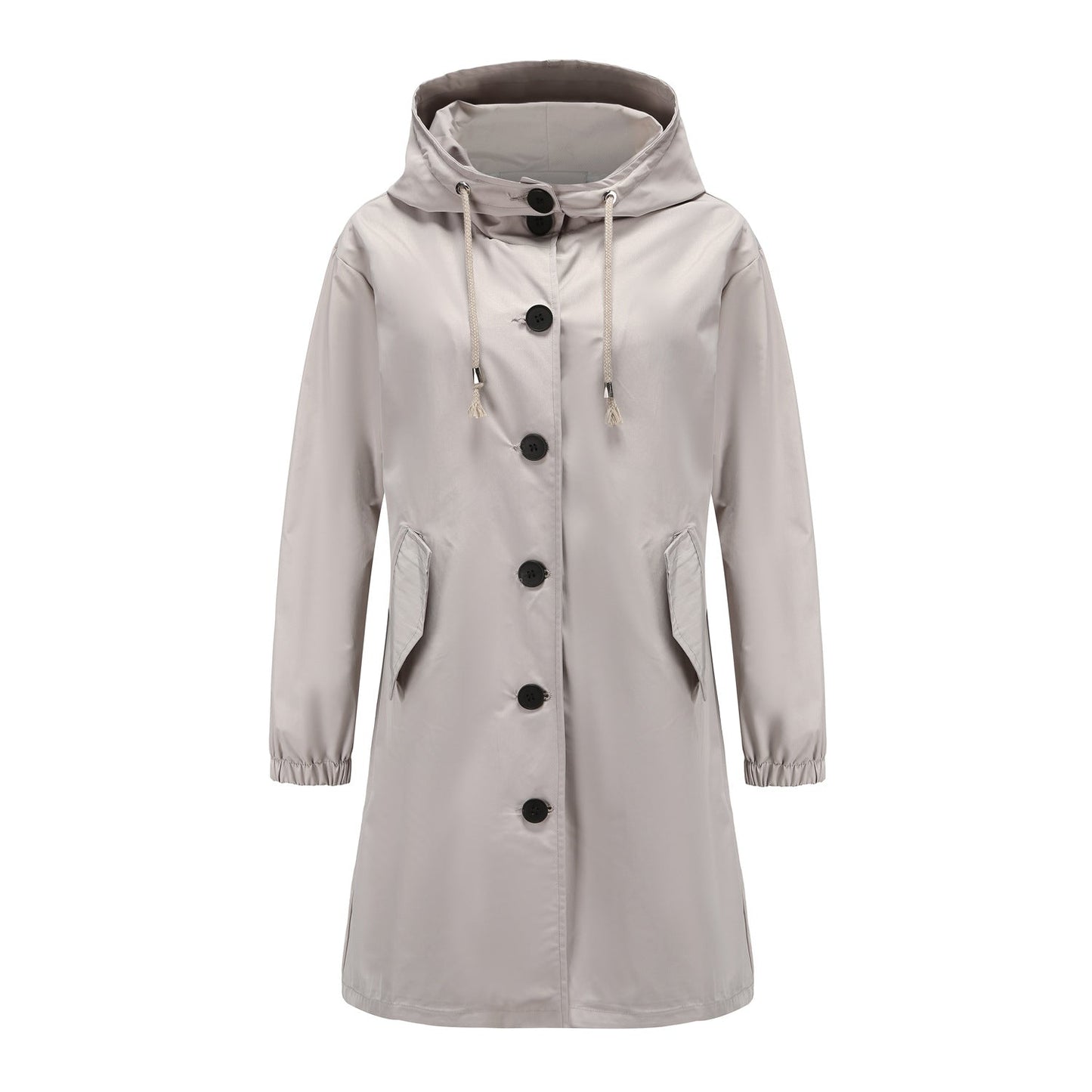 Lilian | Damen Langer Mantel mit Kapuze und Knopfleiste