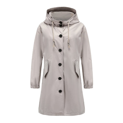 Lilian | Damen Langer Mantel mit Kapuze und Knopfleiste