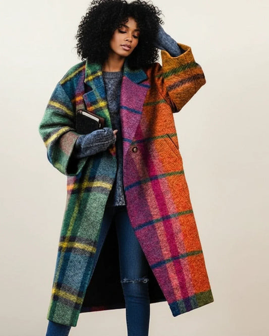 Greta | Damen Bunter Langer Wintermantel aus Wolle