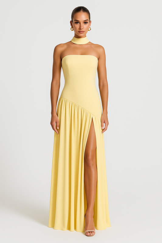 Kirsten | Damen Stilvolles Trägerloses Schlitz Maxi Kleid
